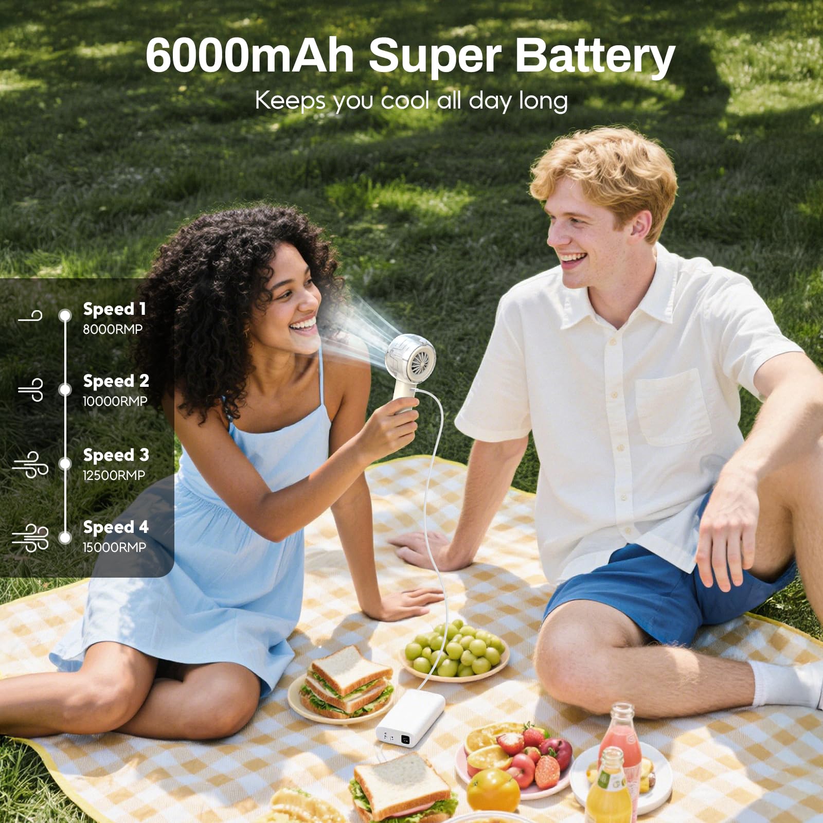 MACMORE misting fan ivory 6000mAh battery powering long use outdoors