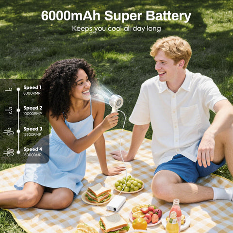 MACMORE misting fan ivory 6000mAh battery powering long use outdoors
