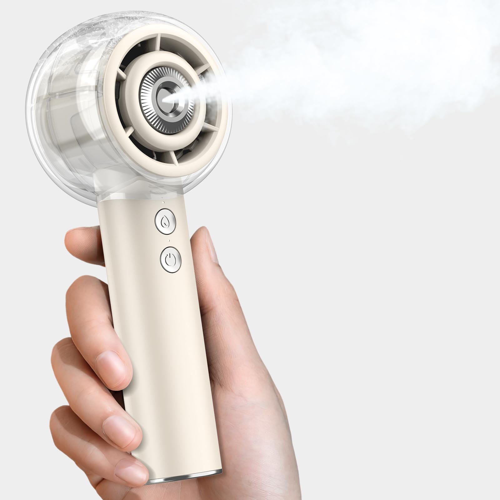 MACMORE misting fan ivory front view for portable cooling on the go
