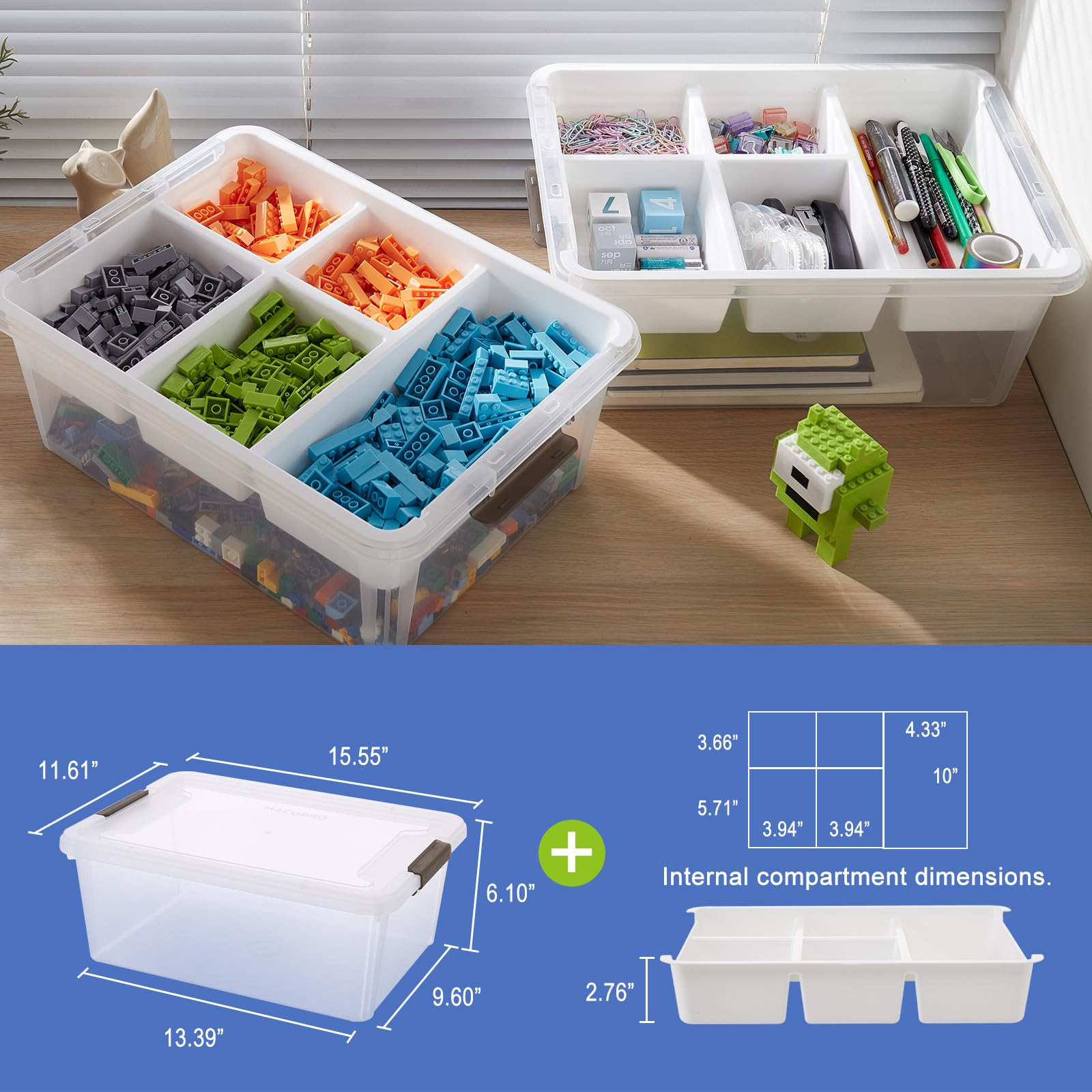 MACOPRO 17 QT storage box stacked design saves space in homes and classrooms.