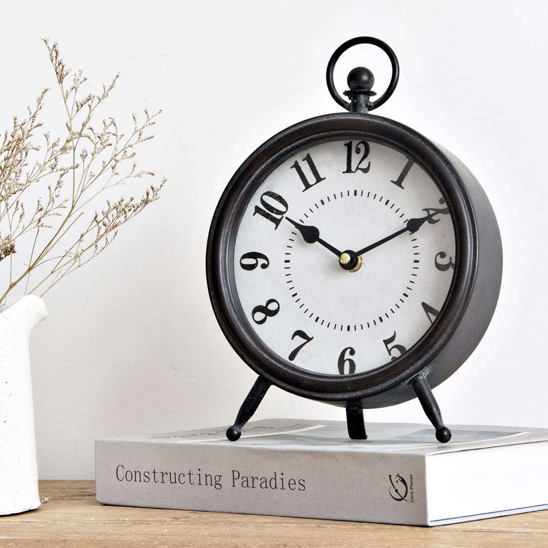 MACVAD Vintage Black Table Clock on Stand for rustic desk decor.