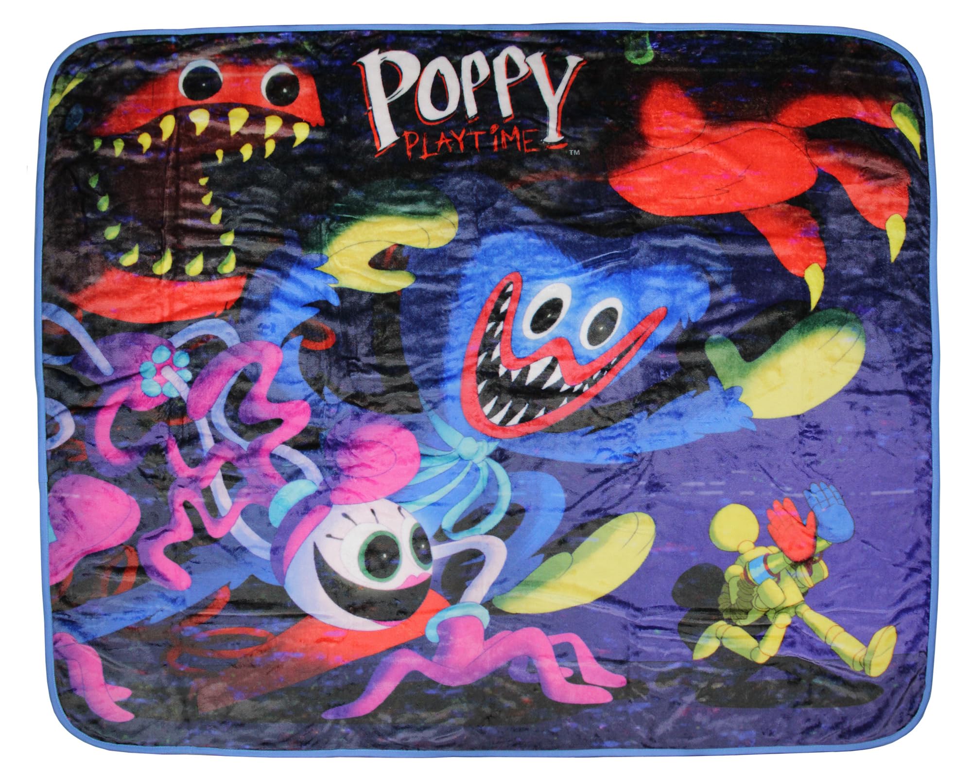 Mad Engine Poppy Playtime Huggy blanket front design delivers cozy warmth for fans.