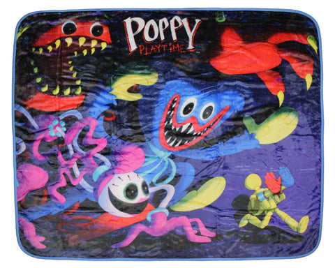 Mad Engine Poppy Playtime Huggy blanket front design delivers cozy warmth for fans.