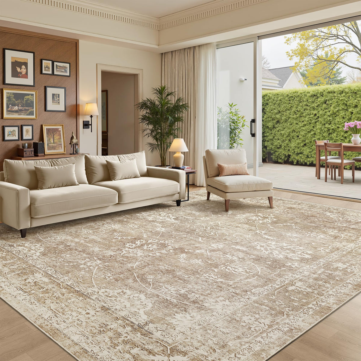 Madane 8x10 area rug in beige and brown enhances a cozy living room.