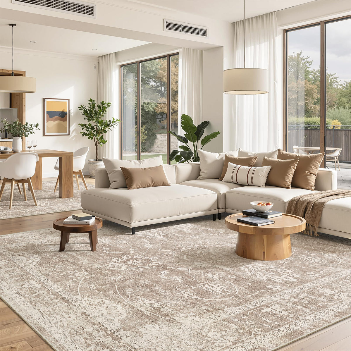 Madane 8x10 area rug in brown-sand tones ideal for living rooms and easy to maintain