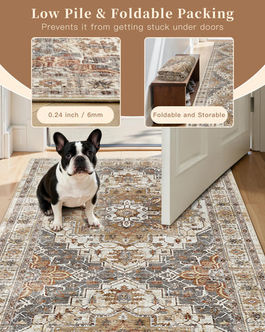Madane hallway runner rug 2x12 turmeric grey living-dining room, blends retro charm with practicality.
