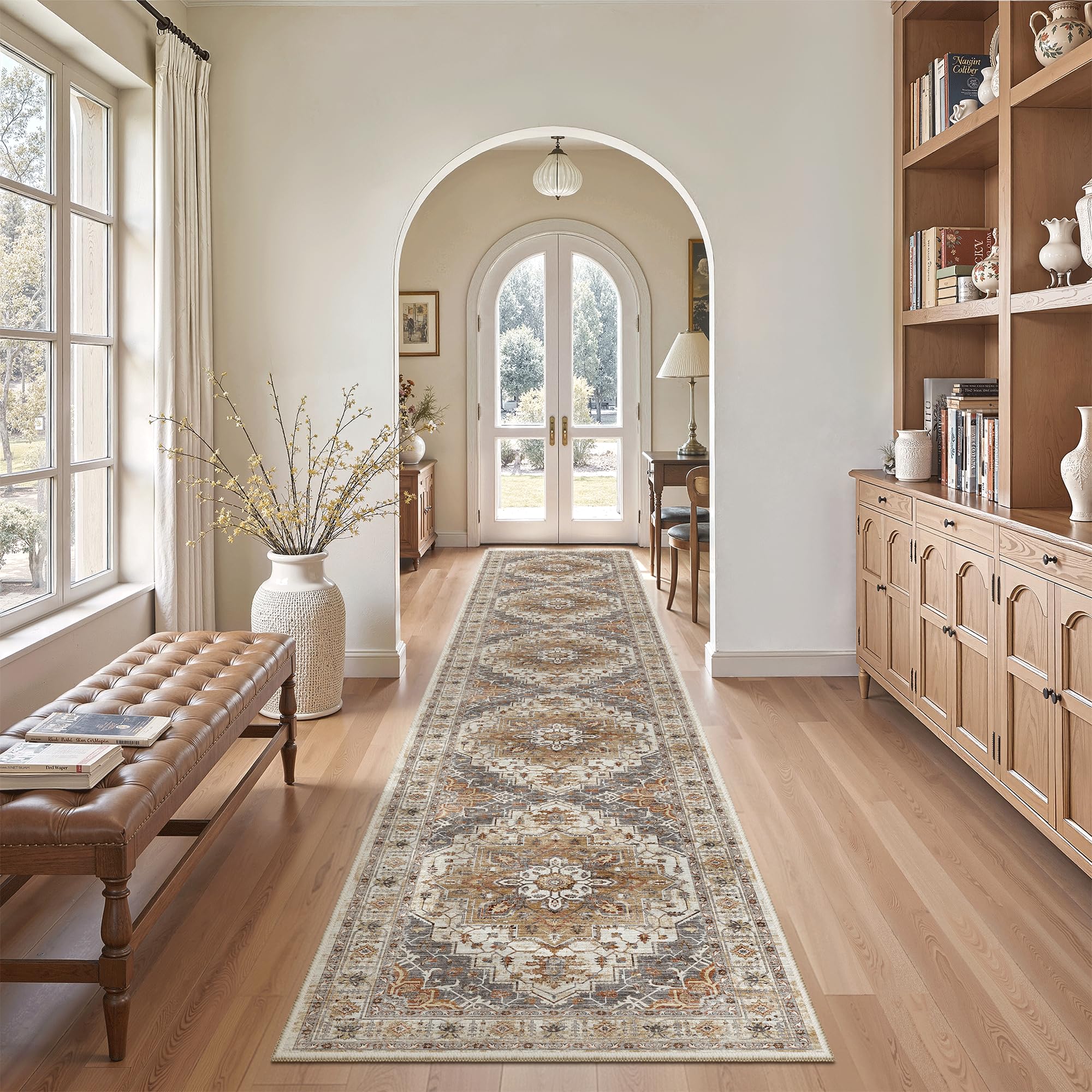 Madane hallway runner rug 2x12 turmeric grey non-slip backing, stabilizing busy corridors.
