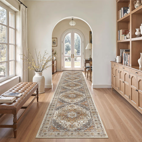 Madane hallway runner rug 2x12 turmeric grey non-slip backing, stabilizing busy corridors.