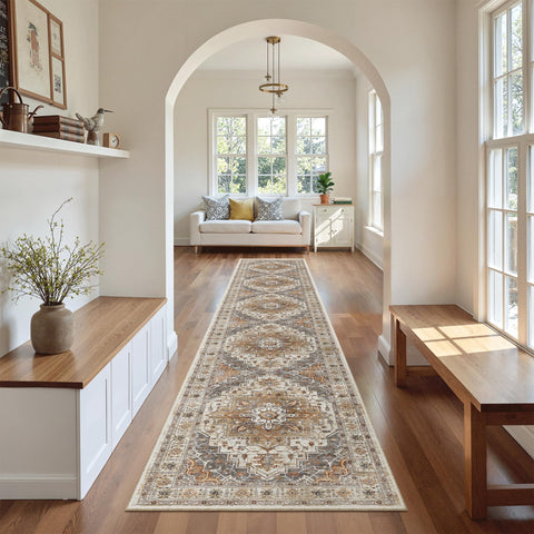 Madane hallway runner rug 2x12 turmeric grey top view, ideal for high-traffic entryways.
