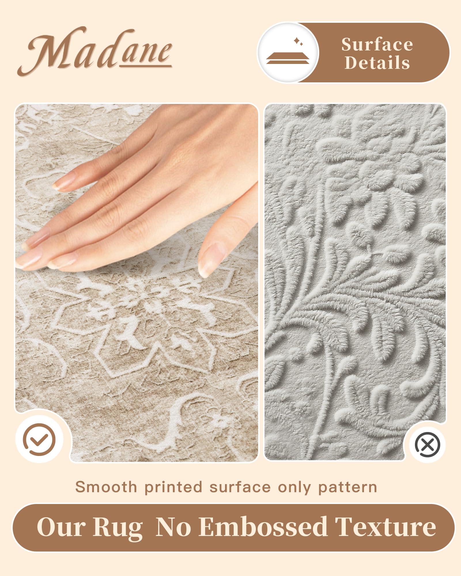 Madane rug with non-slip backing keeps flooring safe and stable.