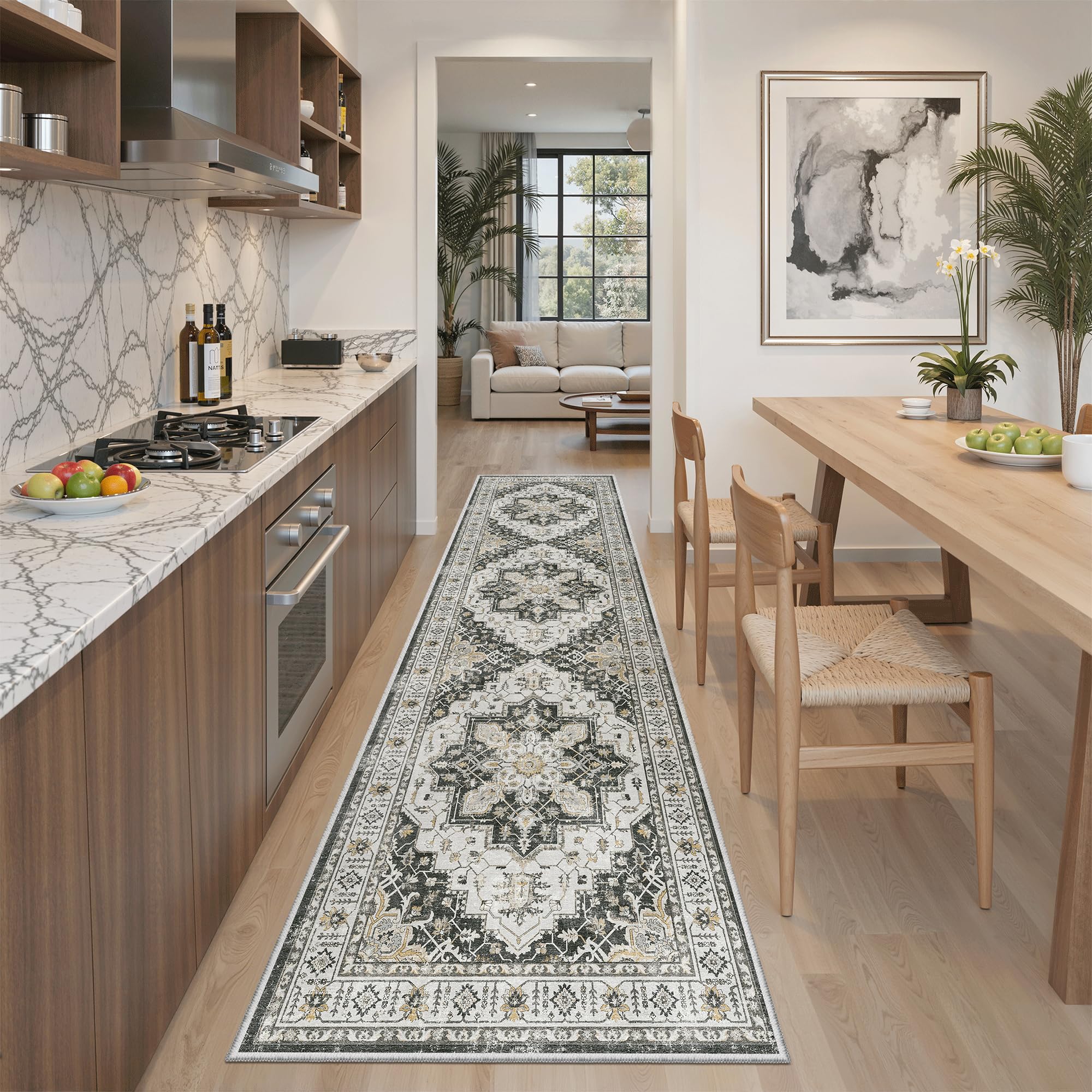 Madane Runner Rug 2x8 hallway view shows non-slip backing for busy entryways.