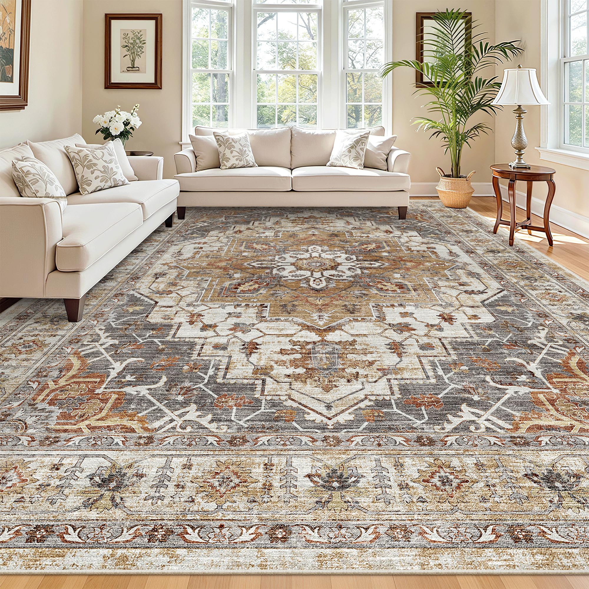 Madane turmeric-grey rug ideal for entryways with stain resistance