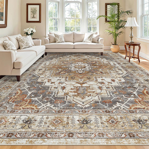 Madane turmeric-grey rug ideal for entryways with stain resistance