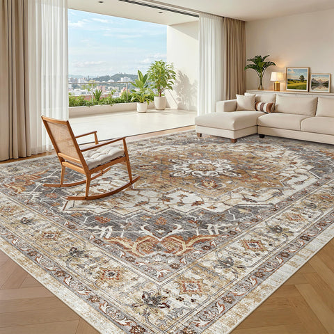 Madane 8x10 washable rug in living room with non-slip backing for safe floors