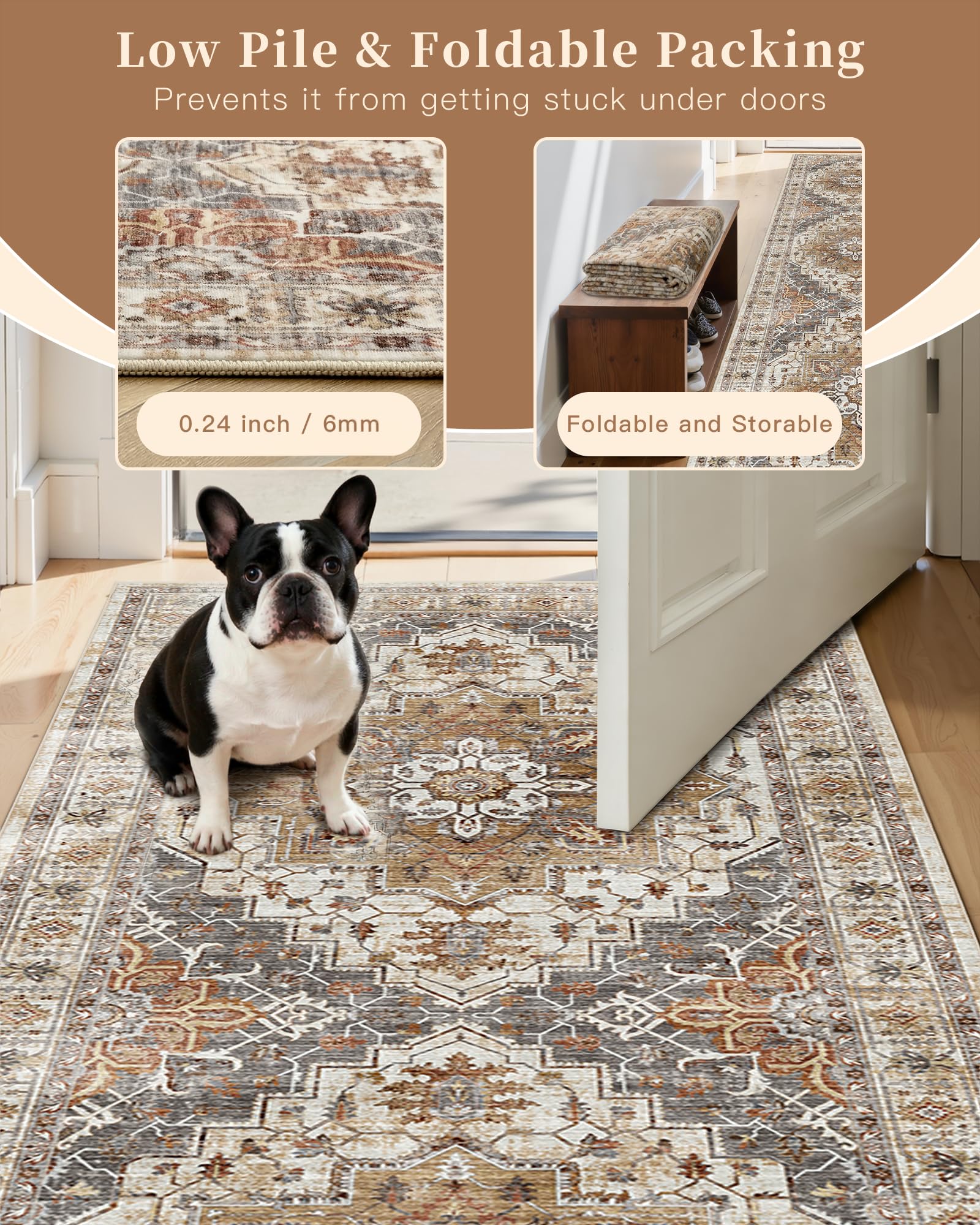 Madane low-pile rug minimizes trip hazards under furniture