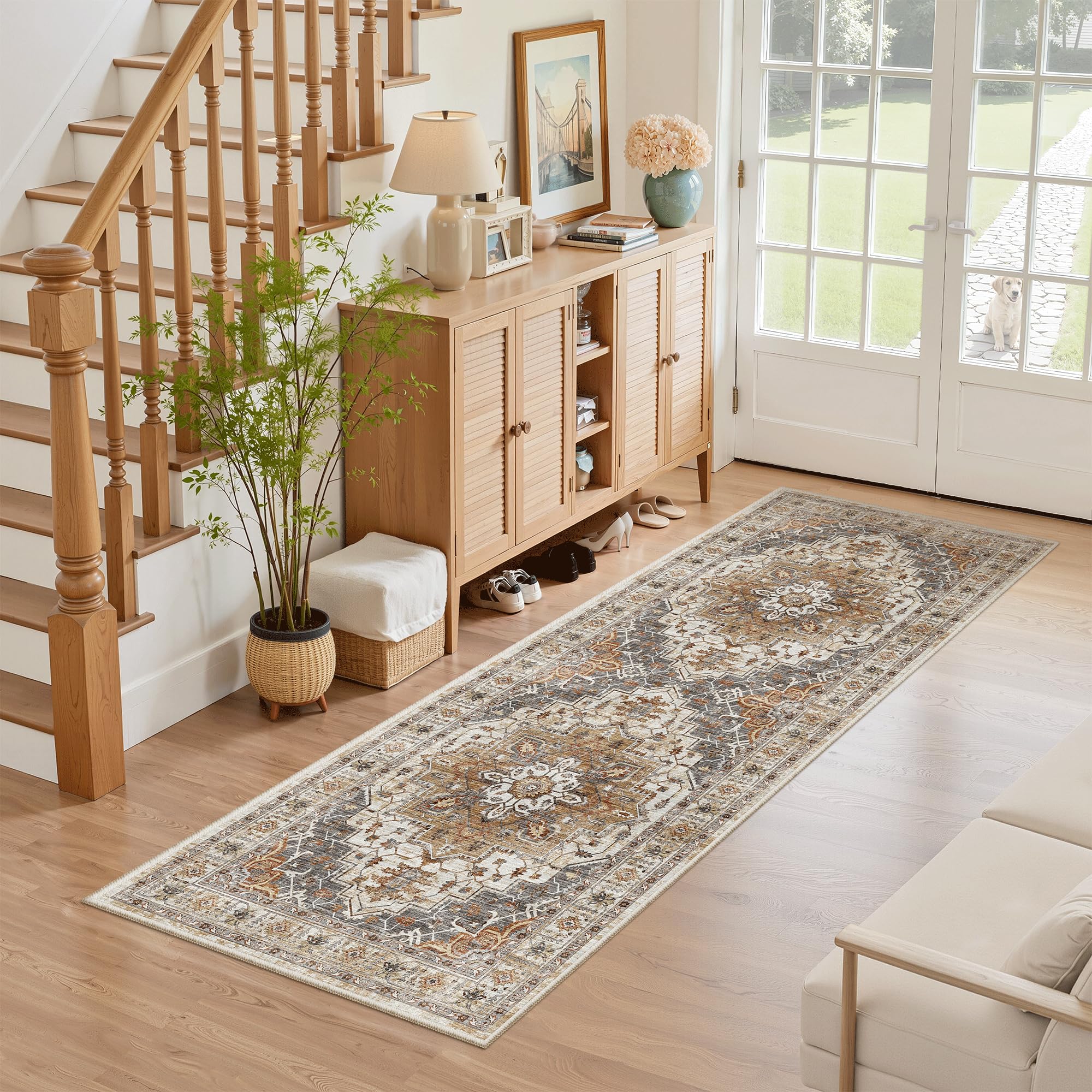 Madane Washable Runner Rug in turmeric-grey for busy hallways