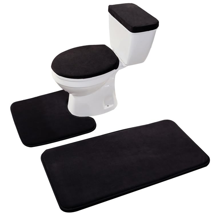 Madeals memory foam bathroom rug set with toilet mat and lid covers for plush comfort and slip resistance.