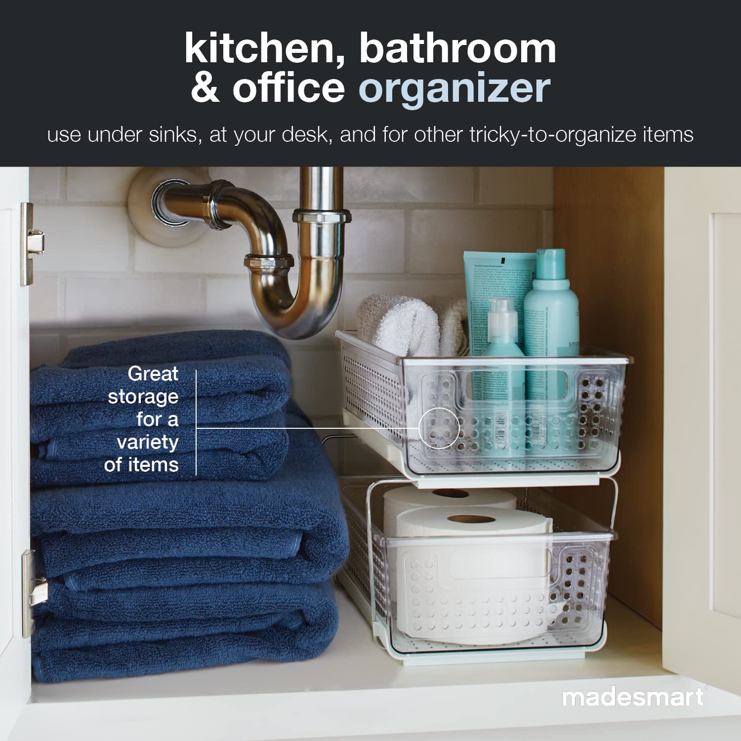 Madesmart 2-Tier Organizer features removable baskets for easy access and customization.