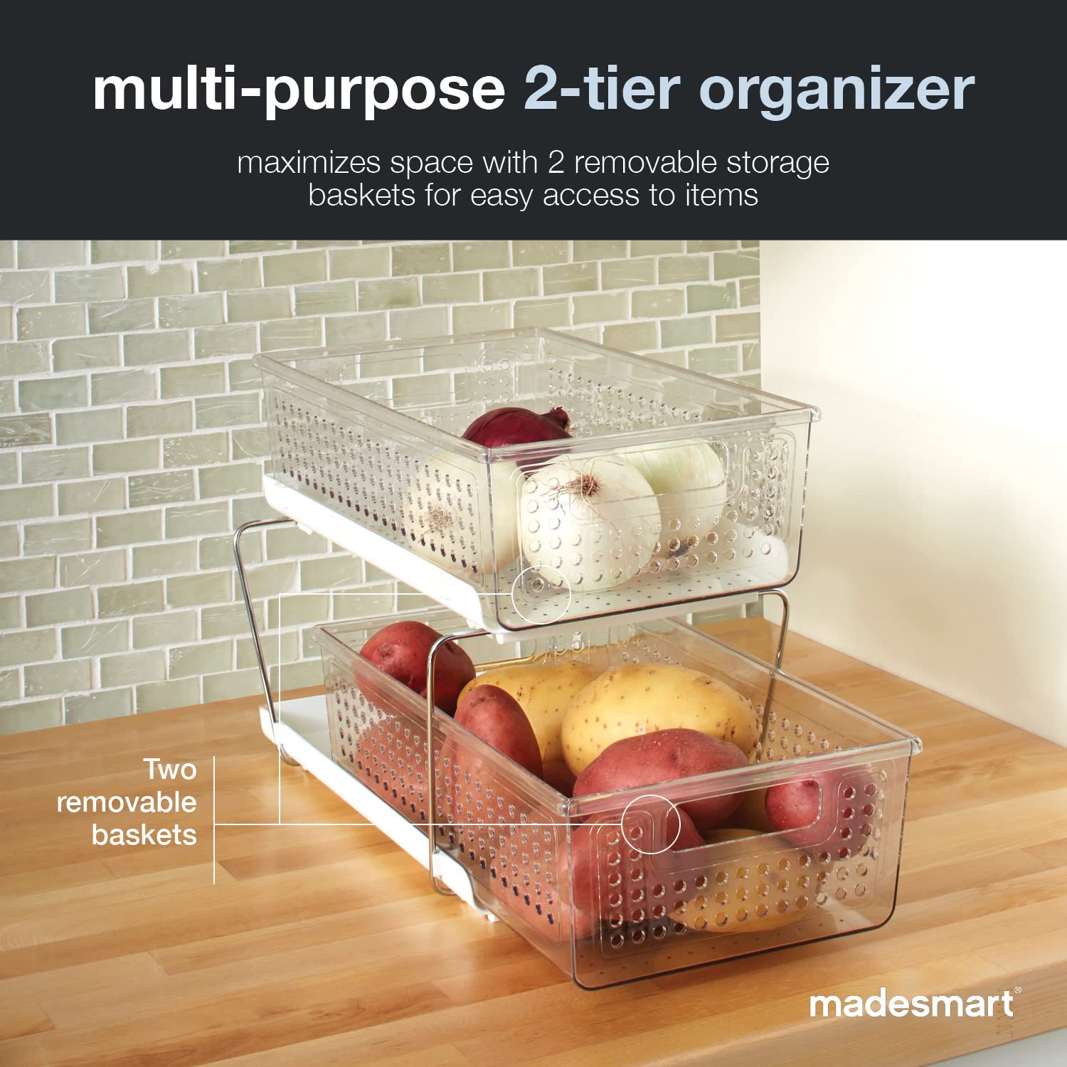 Madesmart 2-Tier Organizer in the kitchen helps store cleaners, spices, and snacks neatly.