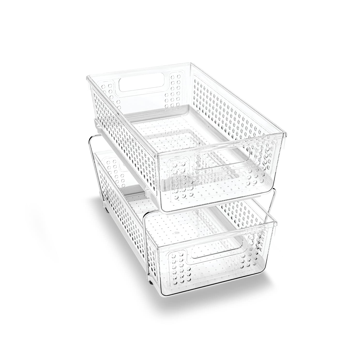Madesmart 2-Tier Organizer with under-sink baskets keeps cleaning supplies accessible.
