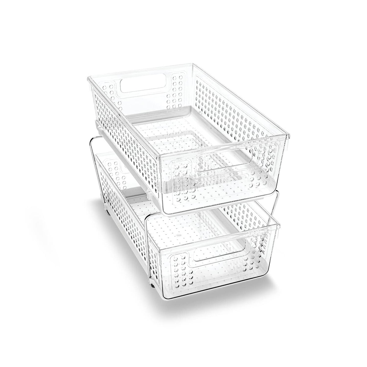 Madesmart 2-Tier Organizer with under-sink baskets keeps cleaning supplies accessible.