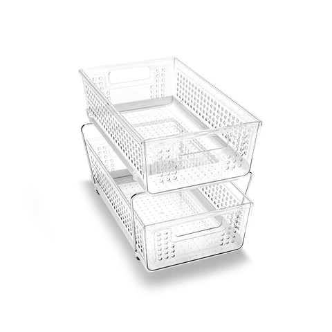 Madesmart 2-Tier Organizer with under-sink baskets keeps cleaning supplies accessible.