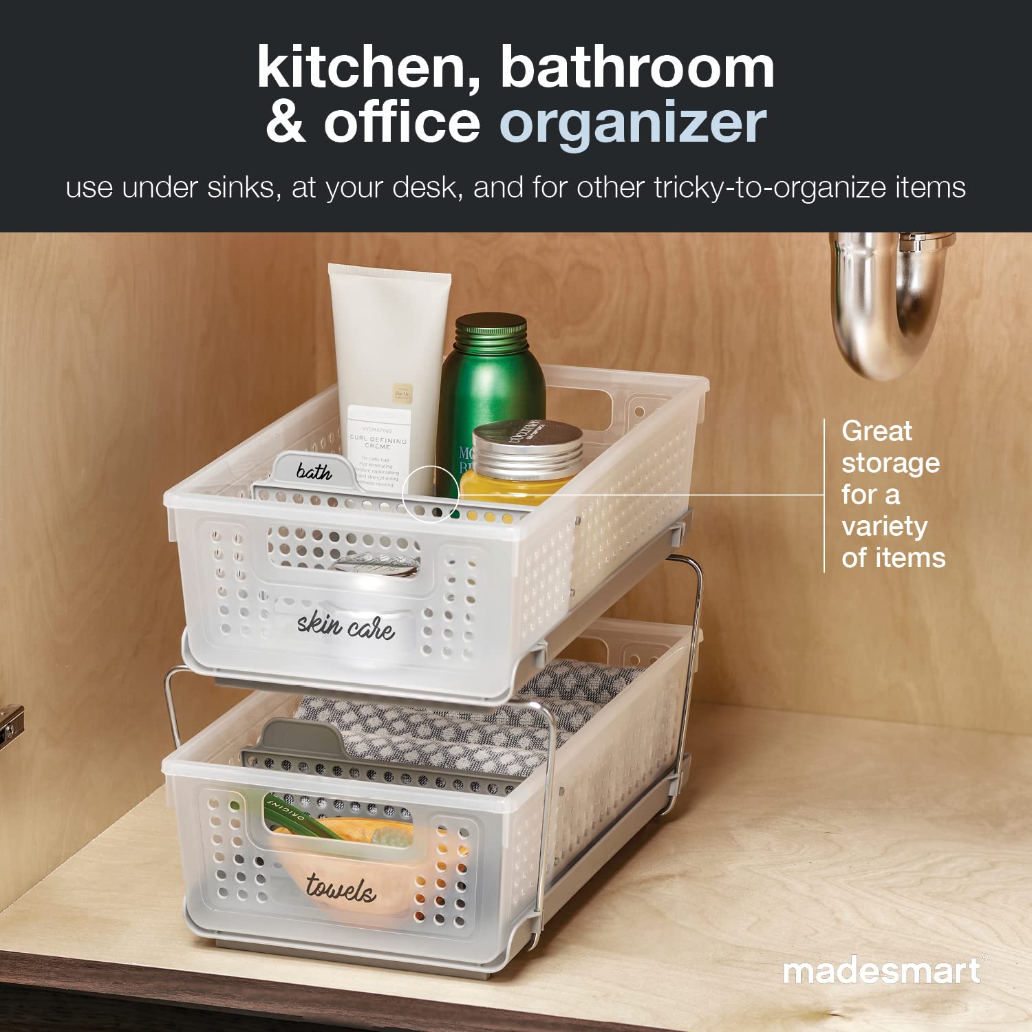 madesmart kitchen storage for cleaners and spices, reducing clutter