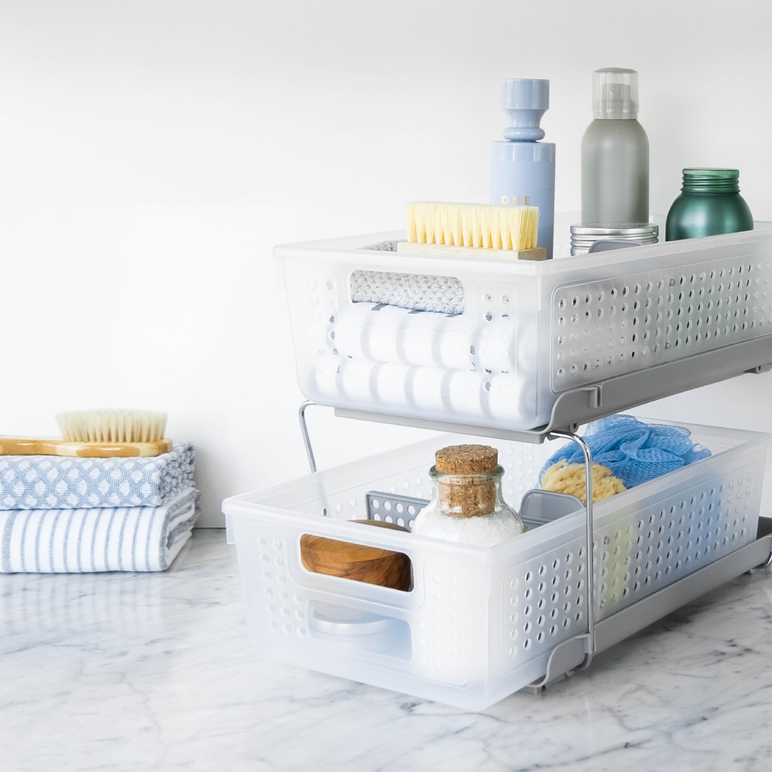 madesmart under-sink storage baskets with adjustable dividers for customizable organization