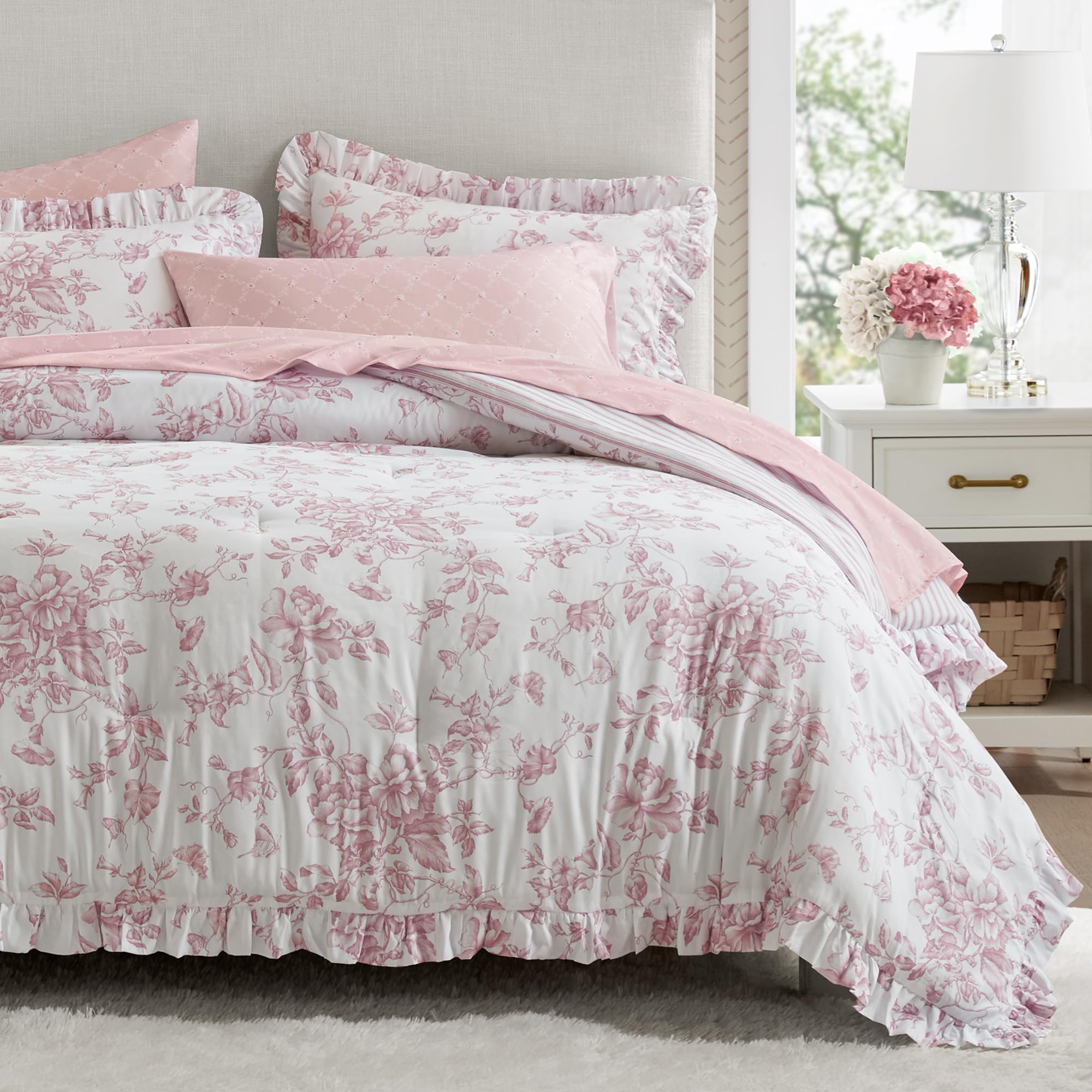 Madison Park Adele pink floral comforter close-up showing soft microfiber texture for easy care