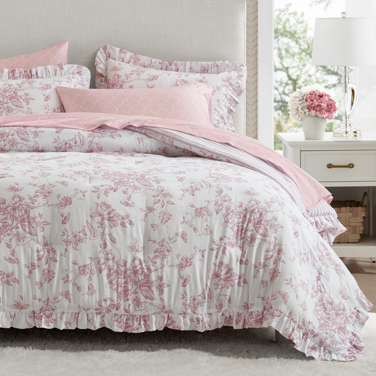 Madison Park Adele pink floral comforter close-up showing soft microfiber texture for easy care