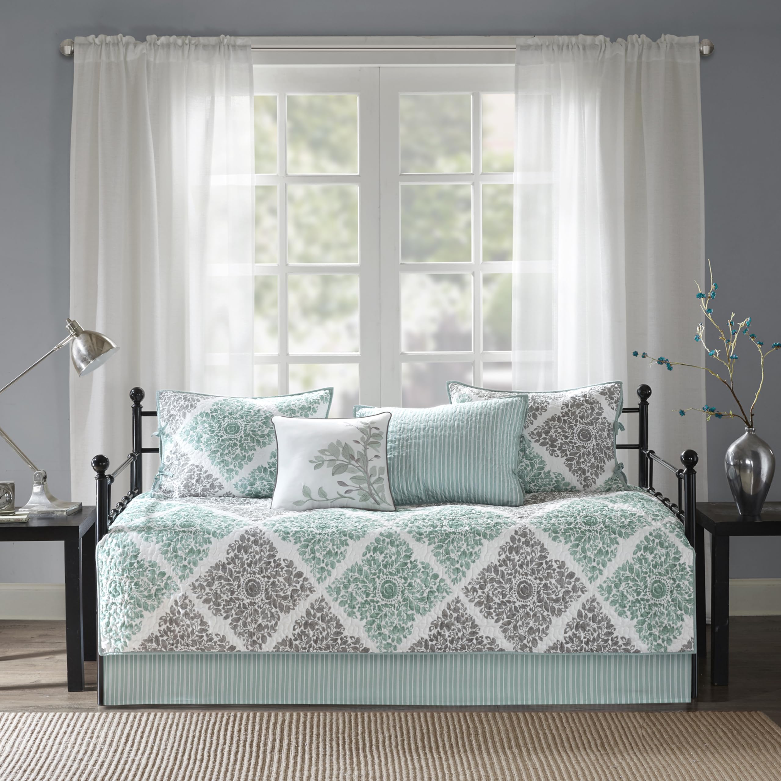 Madison Park Daybed Cover with diamond aqua pattern enhances modern guest room style