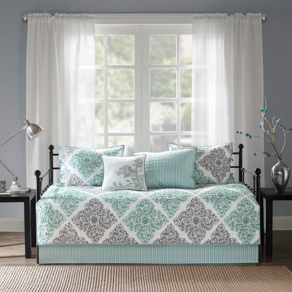 Madison Park Daybed Cover with diamond aqua pattern enhances modern guest room style