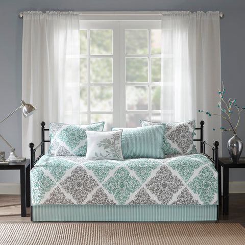 Madison Park Daybed Cover with diamond aqua pattern enhances modern guest room style