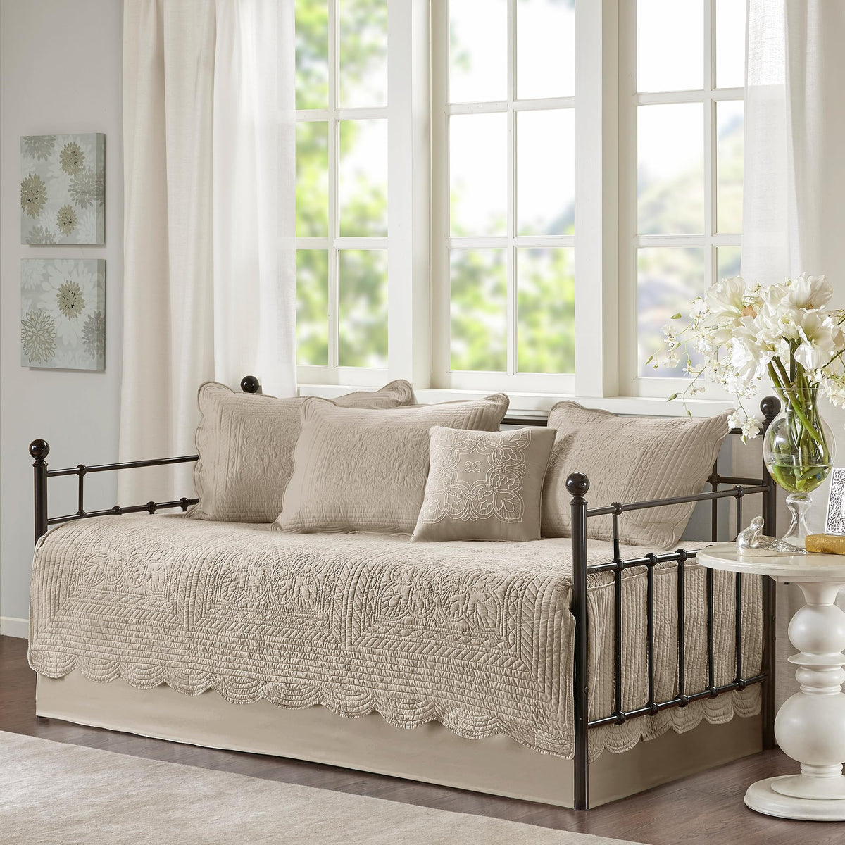 Madison Park Tuscany daybed cover with damask quilting and scalloped edge