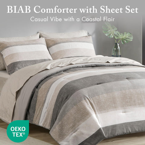 Madison Park Essentials Jaxon stripe pattern highlights casual grey tones for versatile bedroom styling.
