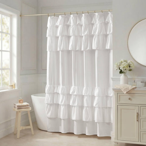 Grace White shower curtain placed in a fresh bathroom setting