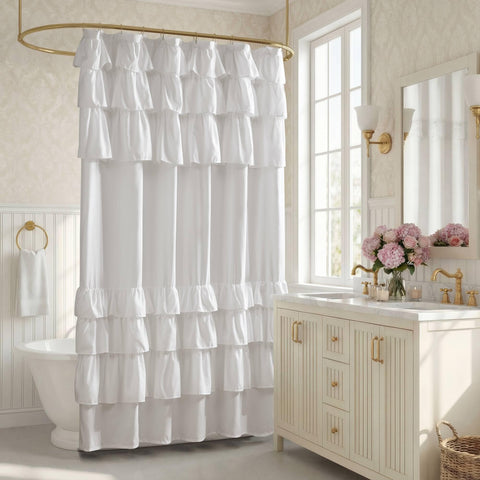 Madison Park Grace White shower curtain with top ruffles for cottage charm