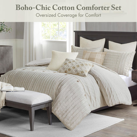 Close-up of decorative buttons on the Madison Park comforter for texture