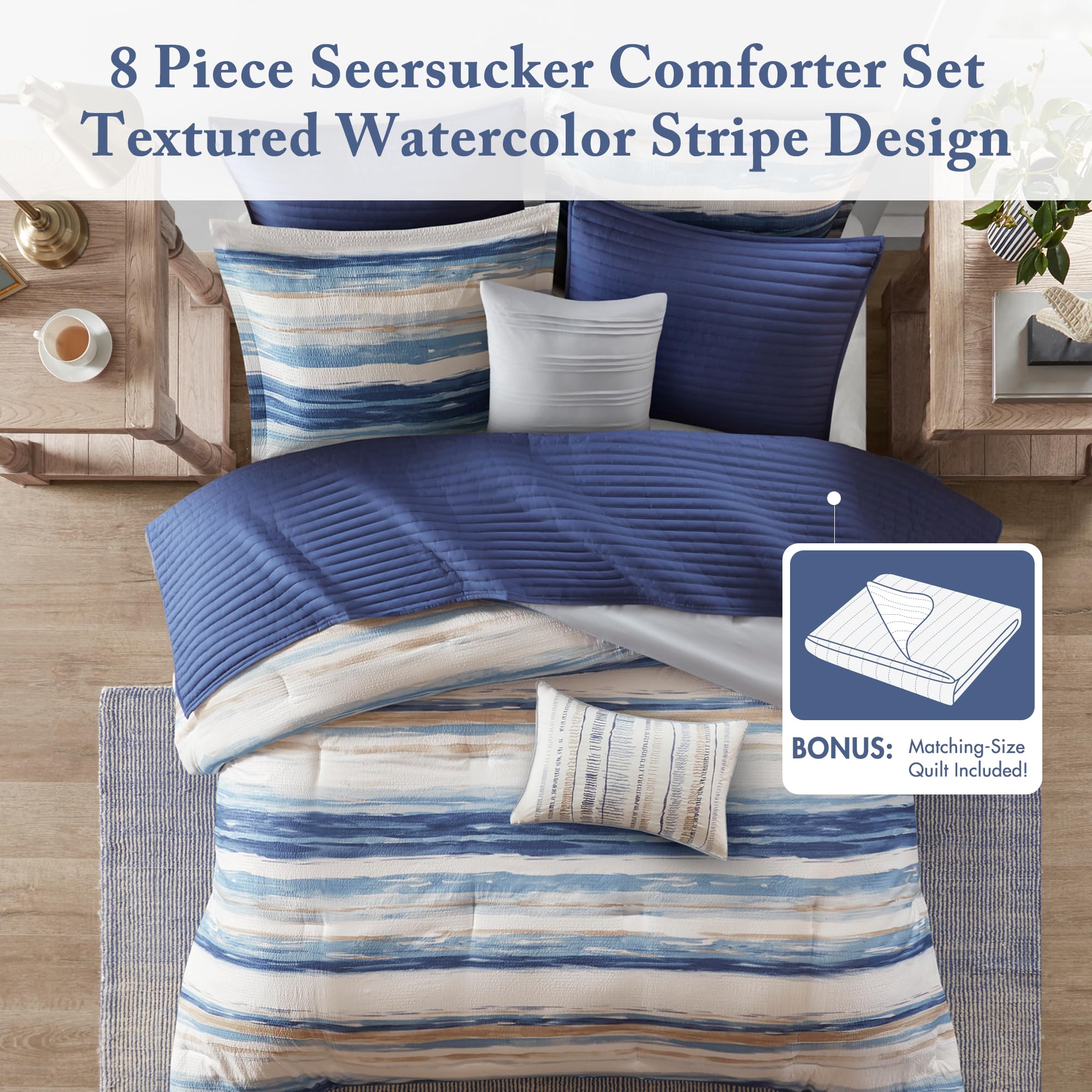 Madison Park Marina comforter showing blue reverse for seasonal layering.