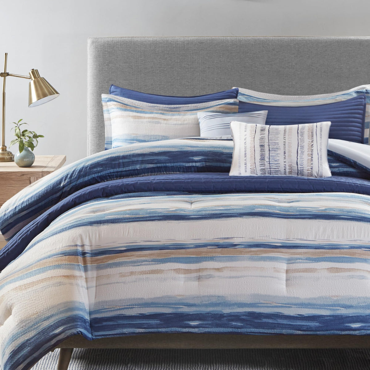 Madison Park Marina comforter with stripe seersucker design for calm bedroom styling