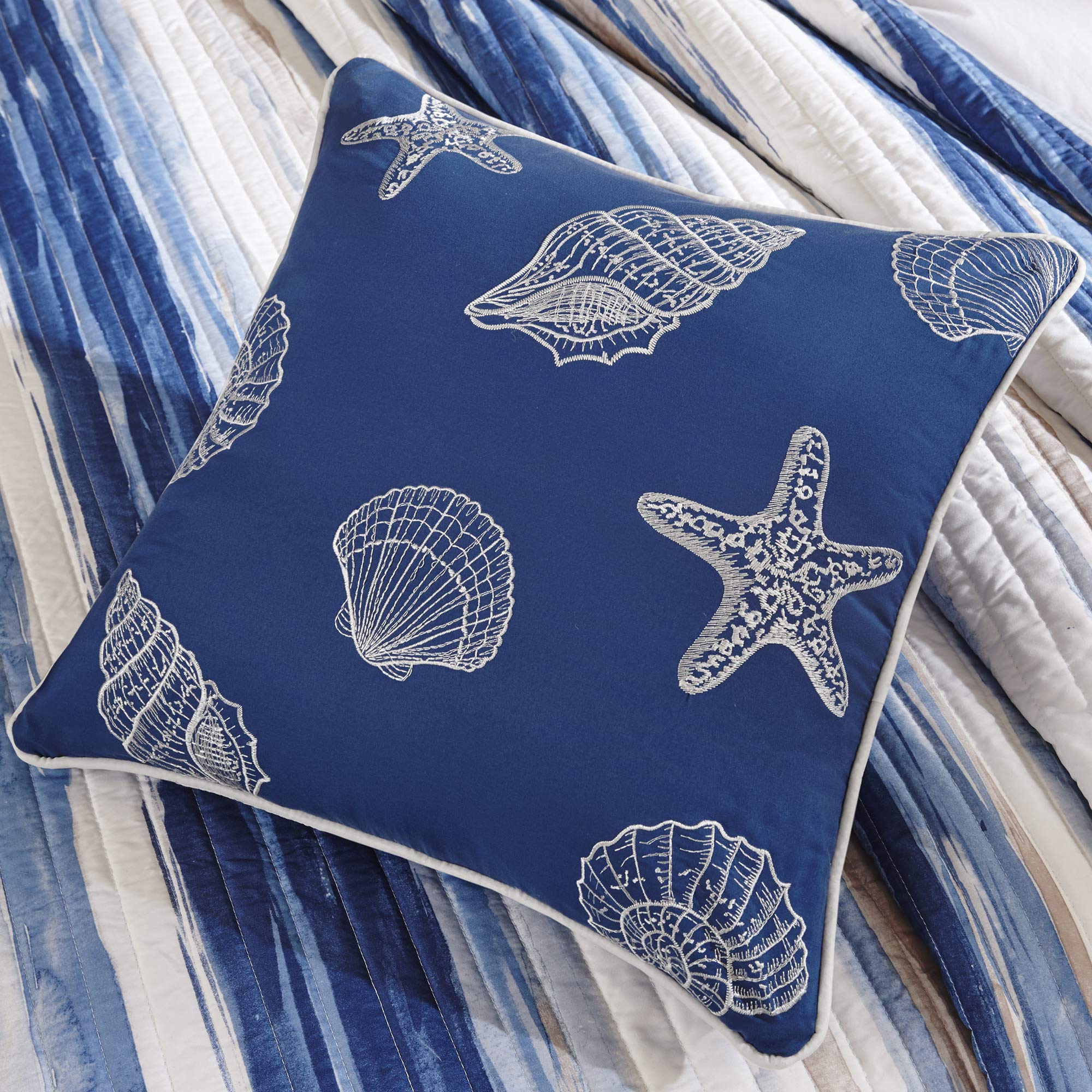 Madison Park Marina 12x18 pillow with seashell embroidery accents decor.