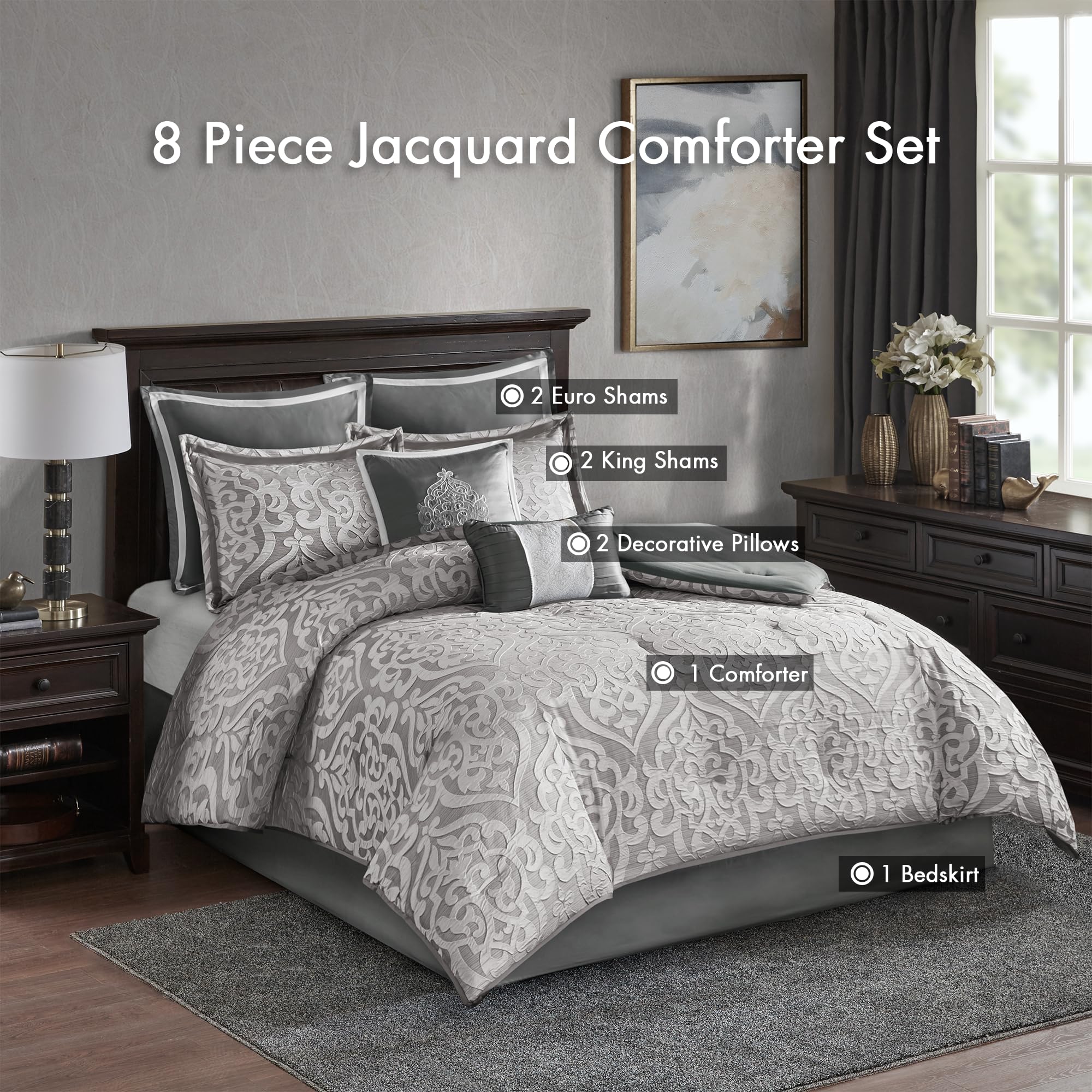 Odette silver bedskirt delivers clean, elegant finish.