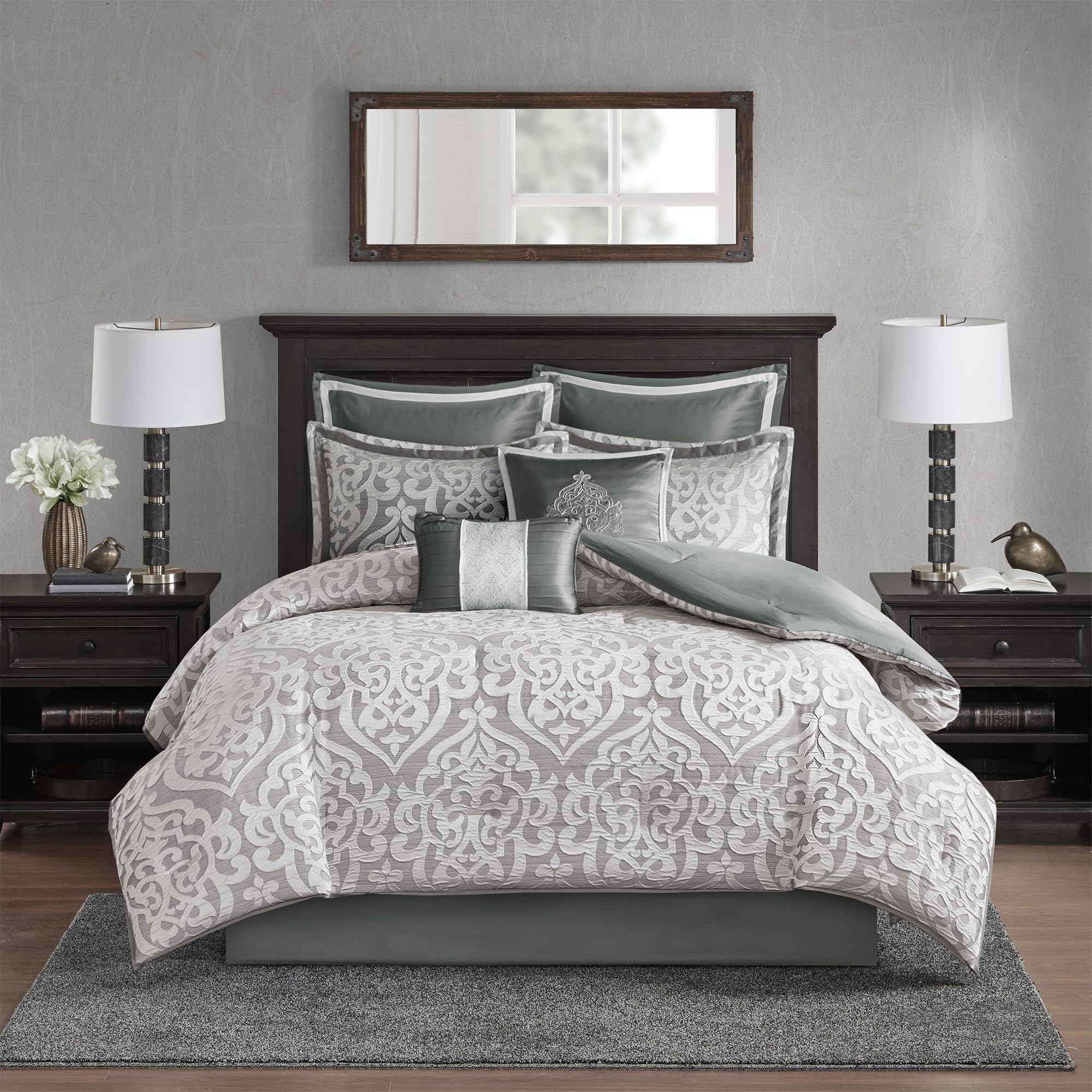 Madison Park Odette comforter features damask medallion for luxurious appeal.