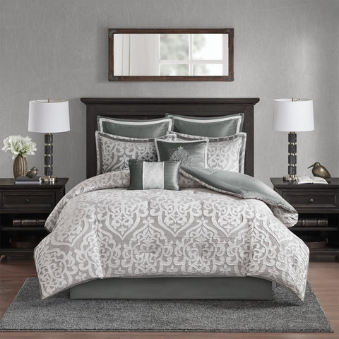 Madison Park Odette comforter features damask medallion for luxurious appeal.