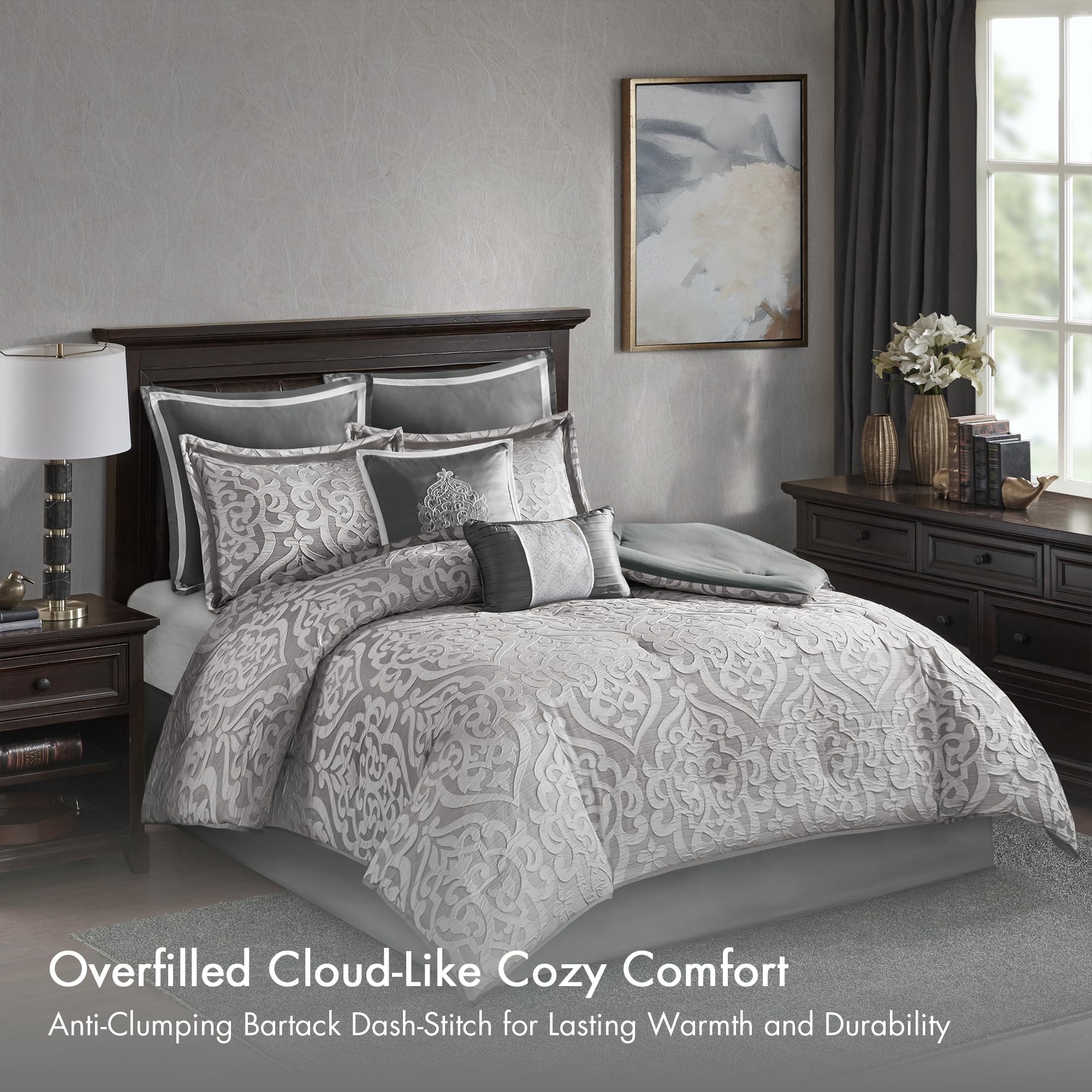 Odette satin-ground jacquard detailing enhances texture and depth.