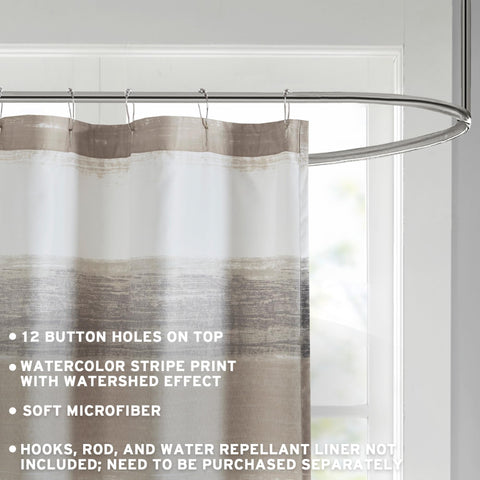 Saben curtain close-up shows watercolor stripe for calming bathroom ambiance.