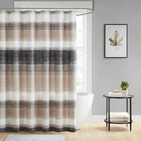 Madison Park Saben shower curtain with watercolor stripe design for modern bathroom decor.