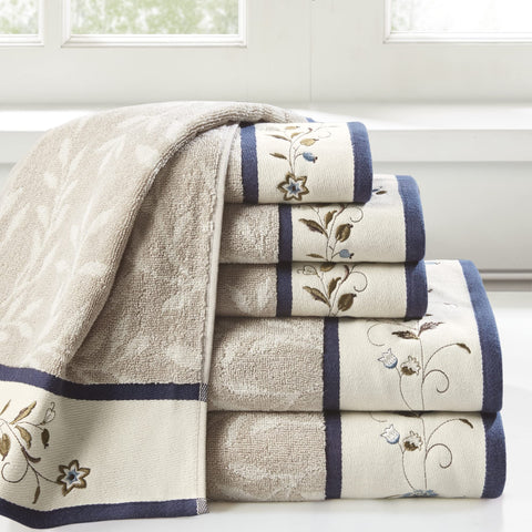 Madison Park Serene jacquard leaf pattern and embroidered hem close-up