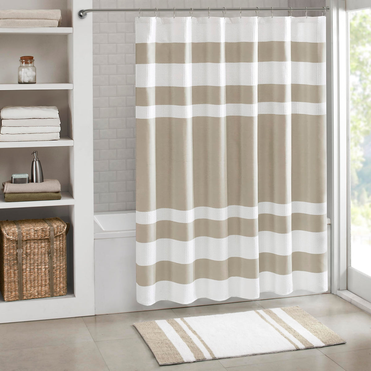 Madison Park spa waffle curtain with taupe-white stripe design for a modern bathroom.