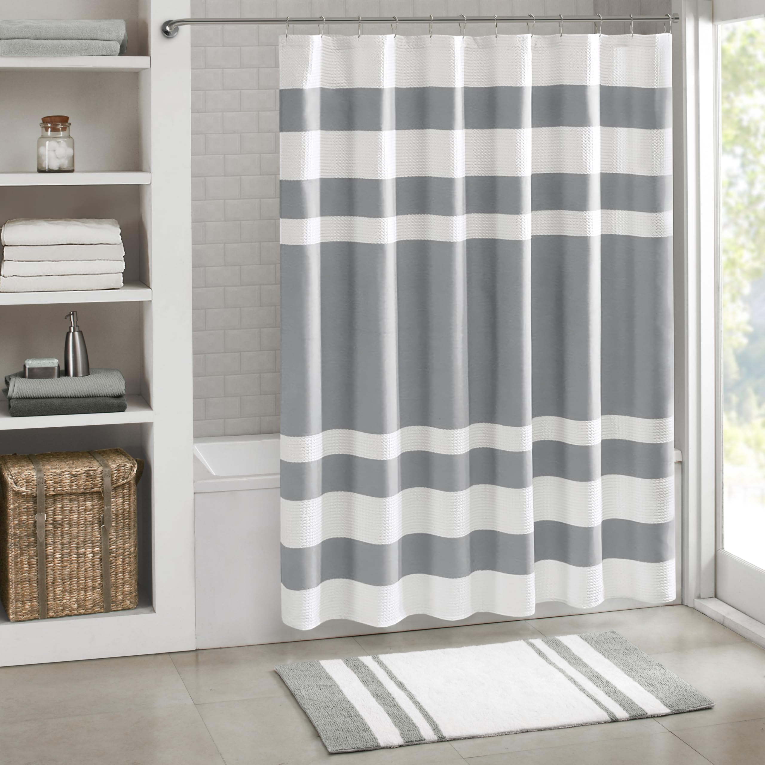 Madison Park spa waffle curtain gray stripe texture adds a calm spa feel to the bathroom